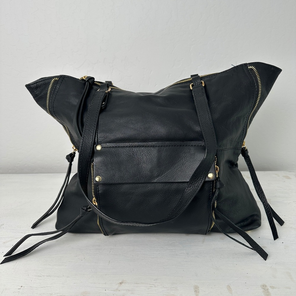 Kooba Shoulder Bag Womens Large Jonnie Black Leather Gold Hardware Zipper Detail